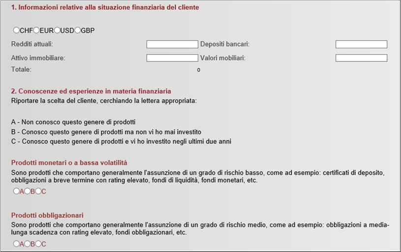 Esempio di compilazione di un questionario in ambito bancario